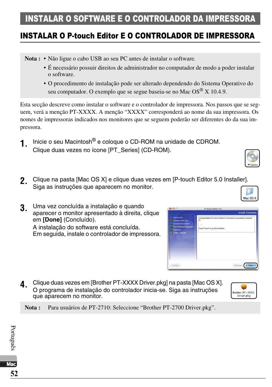 Instalar o software e o controlador da impressora | Brother PT-2700 User Manual | Page 53 / 58