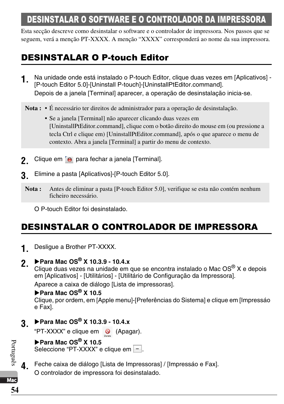 Desinstalar o p-touch editor, Desinstalar o controlador de impressora | Brother PT-2700 User Manual | Page 55 / 58