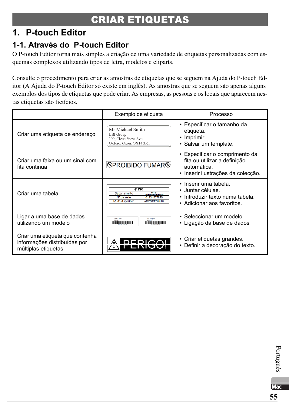 Criar etiquetas, P-touch editor, 1. através do p-touch editor | Brother PT-2700 User Manual | Page 56 / 58
