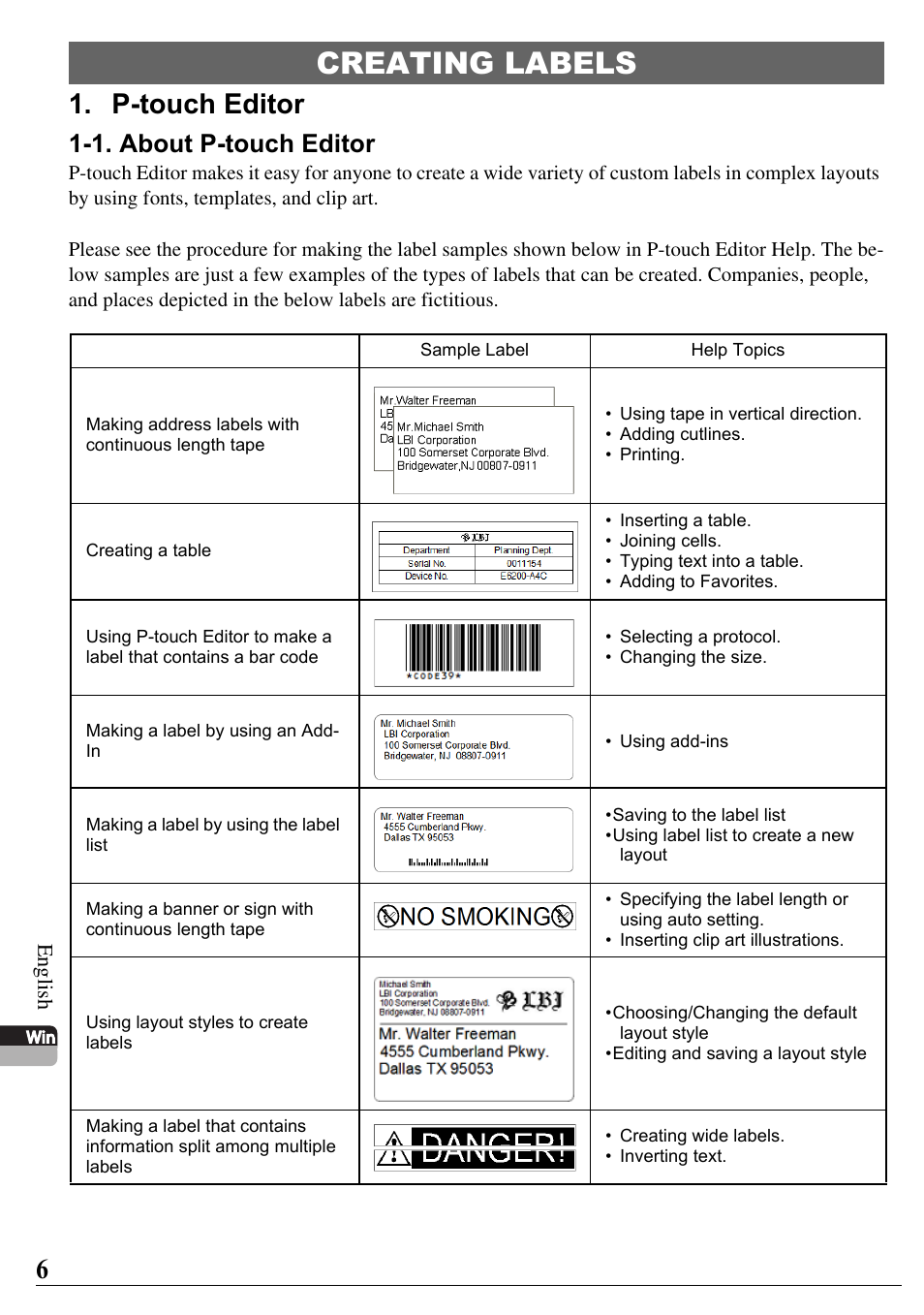 Creating labels, P-touch editor, 1. about p-touch editor | Brother PT-2700 User Manual | Page 7 / 58
