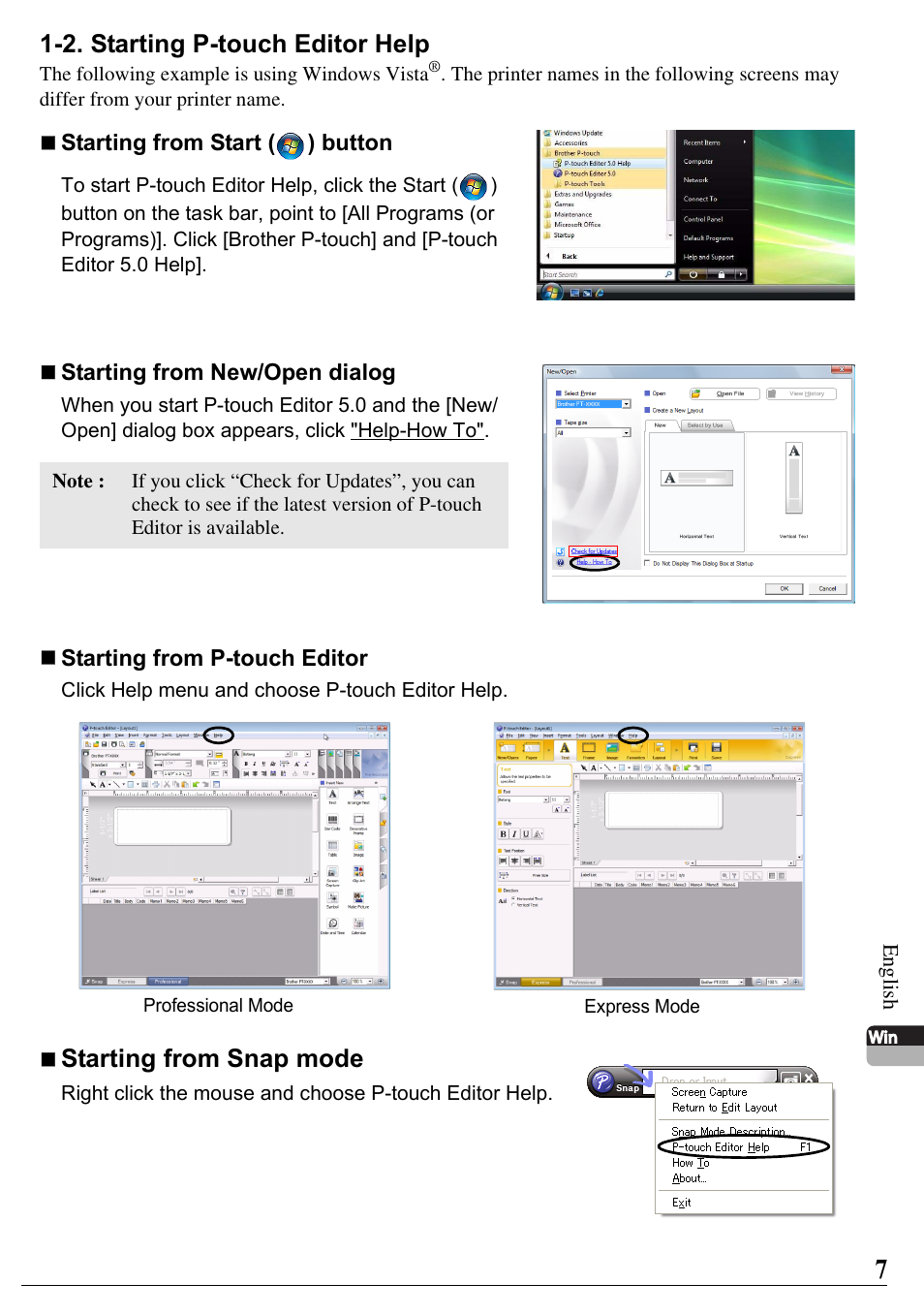 2. starting p-touch editor help, Starting from snap mode | Brother PT-2700 User Manual | Page 8 / 58