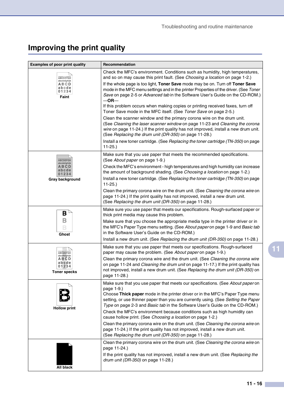 Improving the print quality, Improving the print quality -16, 11 improving the print quality | Brother MFC-7820N User Manual | Page 103 / 156