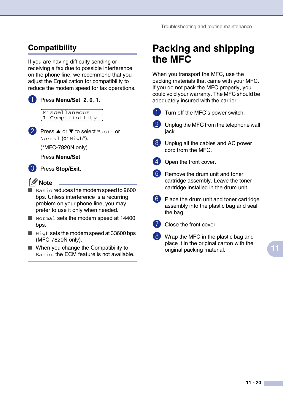 Compatibility, Packing and shipping the mfc, Compatibility -20 | Packing and shipping the mfc -20, E interference on the phone line, tr, 11 compatibility | Brother MFC-7820N User Manual | Page 107 / 156