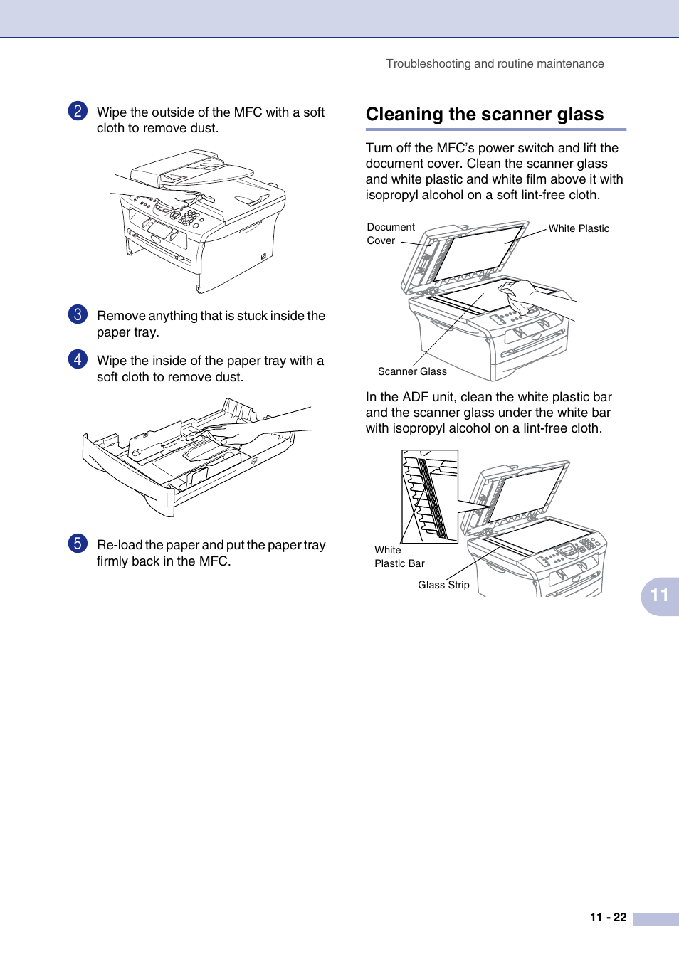 Cleaning the scanner glass, Cleaning the scanner glass -22, F the copy you made shows the same problem | Ur copies. either the scanner or the primary coro | Brother MFC-7820N User Manual | Page 109 / 156