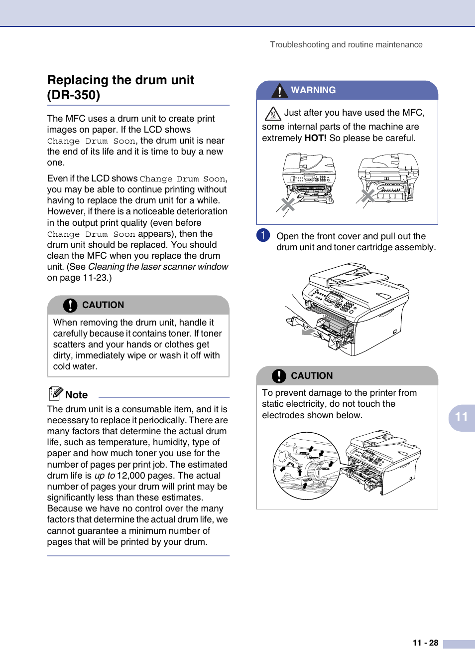 Replacing the drum unit (dr-350), Replacing the drum unit (dr-350) -28, See replacing the | Brother MFC-7820N User Manual | Page 115 / 156