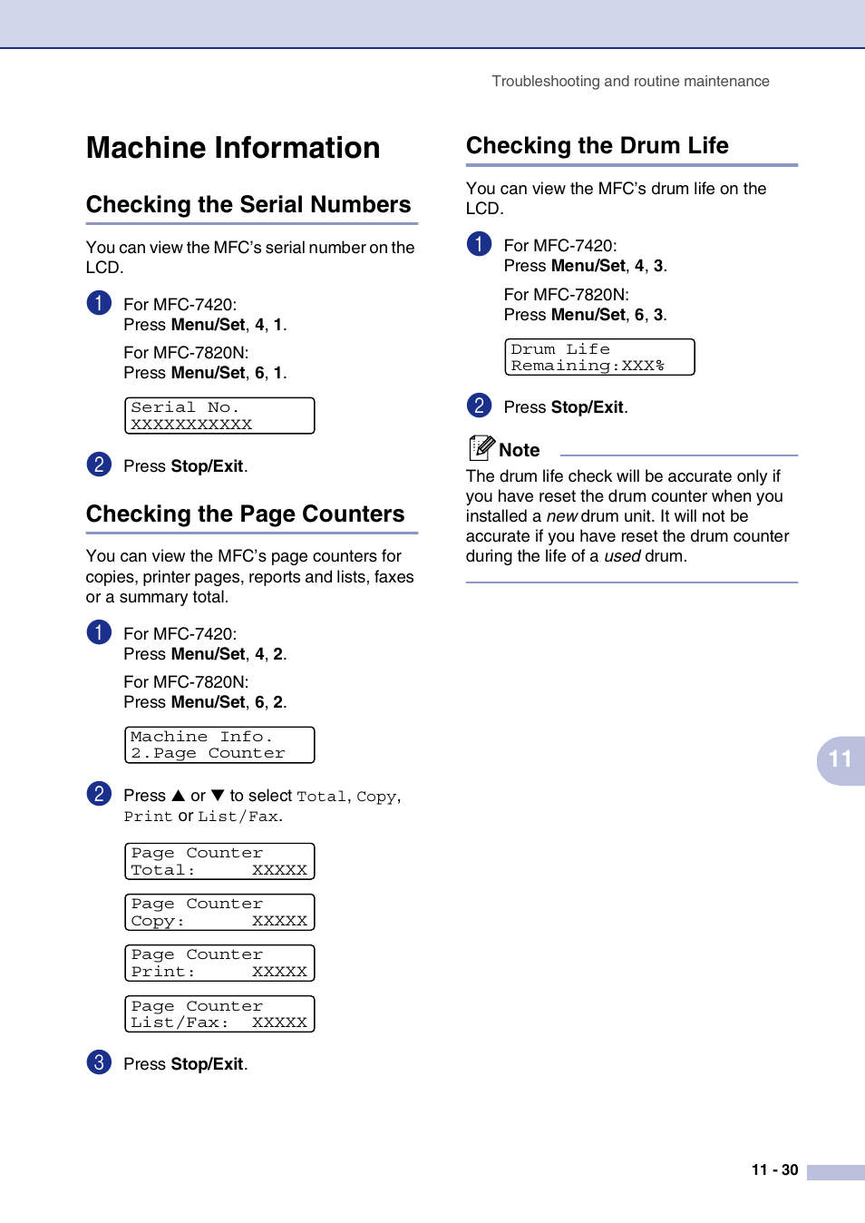 Machine information, Checking the serial numbers, Checking the drum life | Machine information -30, Checking the page counters | Brother MFC-7820N User Manual | Page 117 / 156