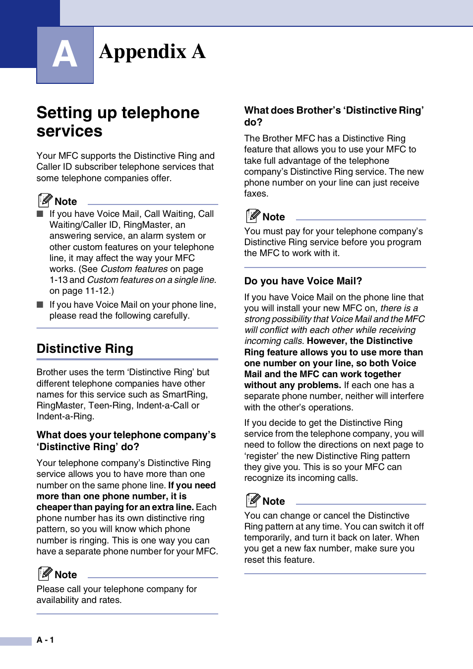 Appendix a, Setting up telephone services, Distinctive ring | What does brother’s ‘distinctive ring’ do, Do you have voice mail | Brother MFC-7820N User Manual | Page 118 / 156