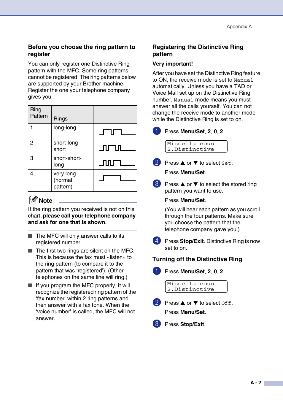Before you choose the ring pattern to register, Registering the distinctive ring pattern, Turning off the distinctive ring | Brother MFC-7820N User Manual | Page 119 / 156