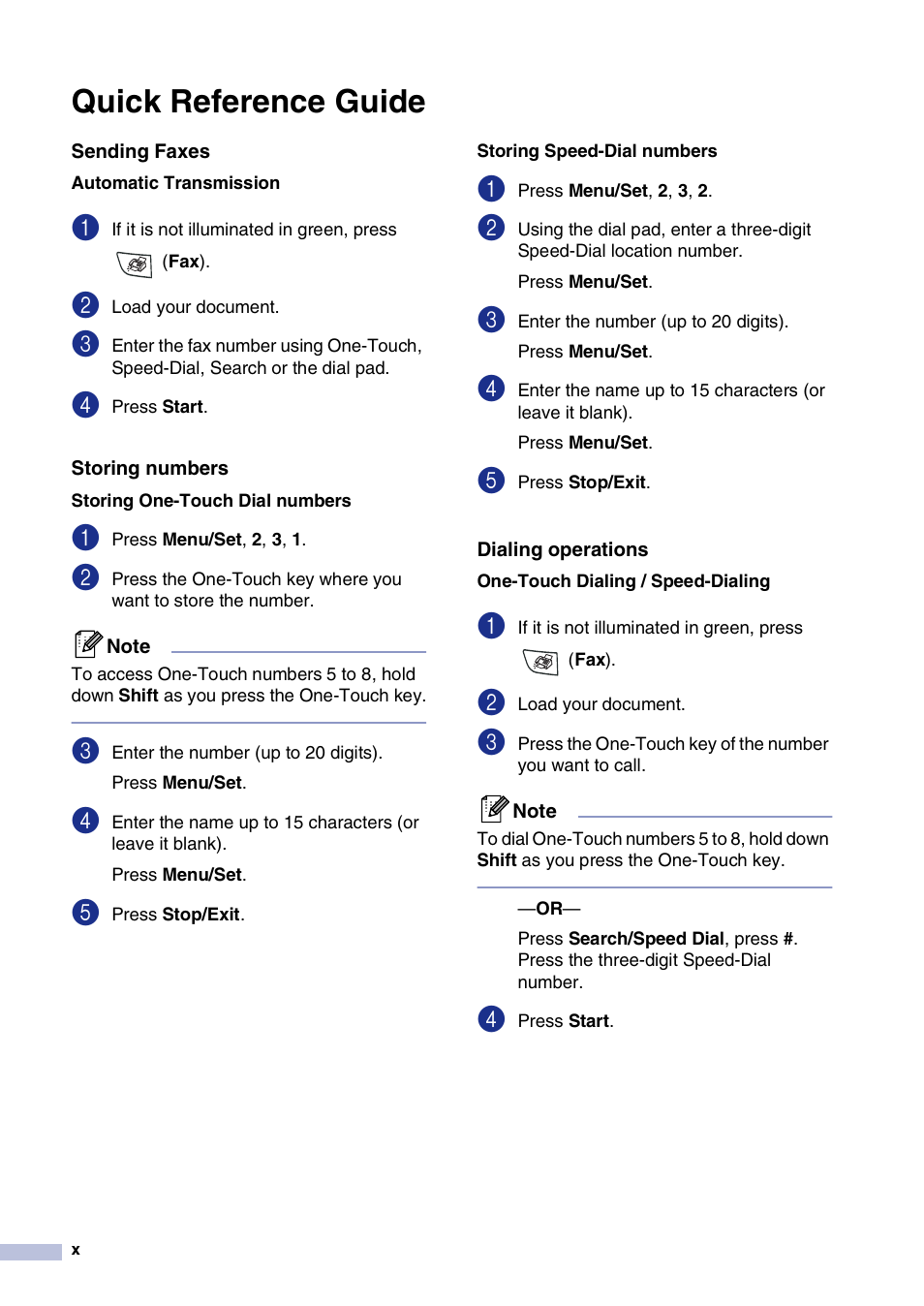 Quick reference guide, Sending faxes, Dialing operations | Brother MFC-7820N User Manual | Page 12 / 156