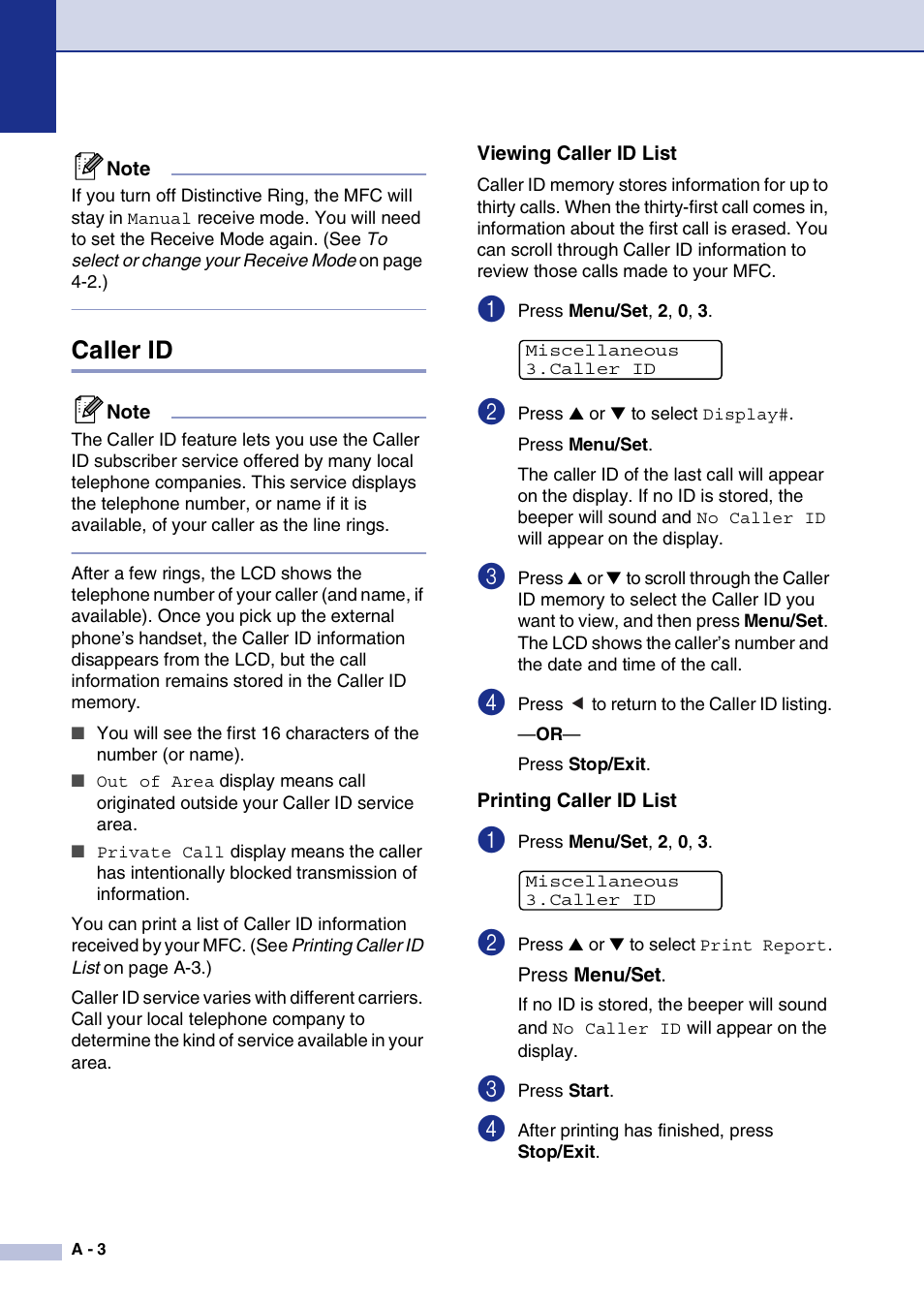 Caller id, Viewing caller id list, Printing caller id list | Brother MFC-7820N User Manual | Page 120 / 156