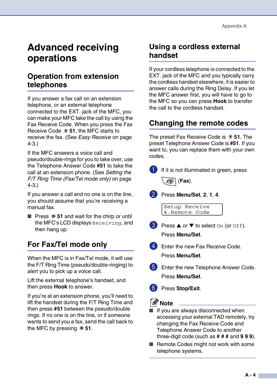 Advanced receiving operations, Operation from extension telephones, For fax/tel mode only | Using a cordless external handset, Changing the remote codes | Brother MFC-7820N User Manual | Page 121 / 156