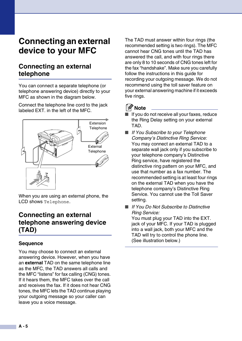 Connecting an external device to your mfc, Connecting an external telephone, Sequence | Brother MFC-7820N User Manual | Page 122 / 156