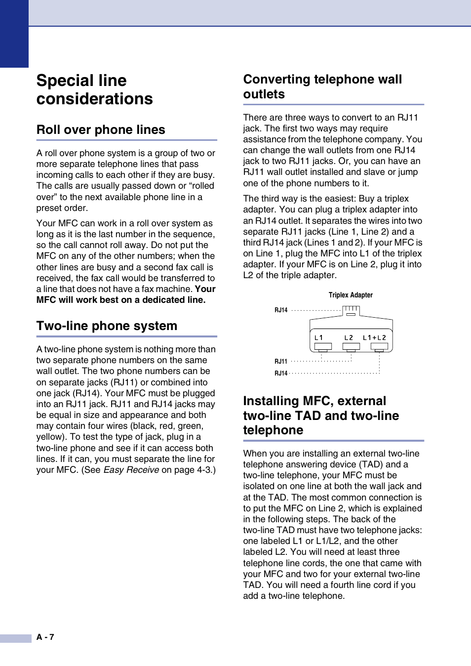 Special line considerations, Roll over phone lines, Two-line phone system | Converting telephone wall outlets | Brother MFC-7820N User Manual | Page 124 / 156