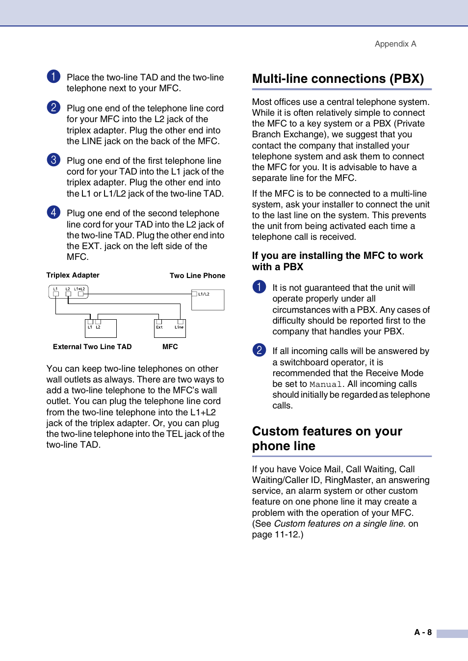 Multi-line connections (pbx), If you are installing the mfc to work with a pbx, Custom features on your phone line | Brother MFC-7820N User Manual | Page 125 / 156