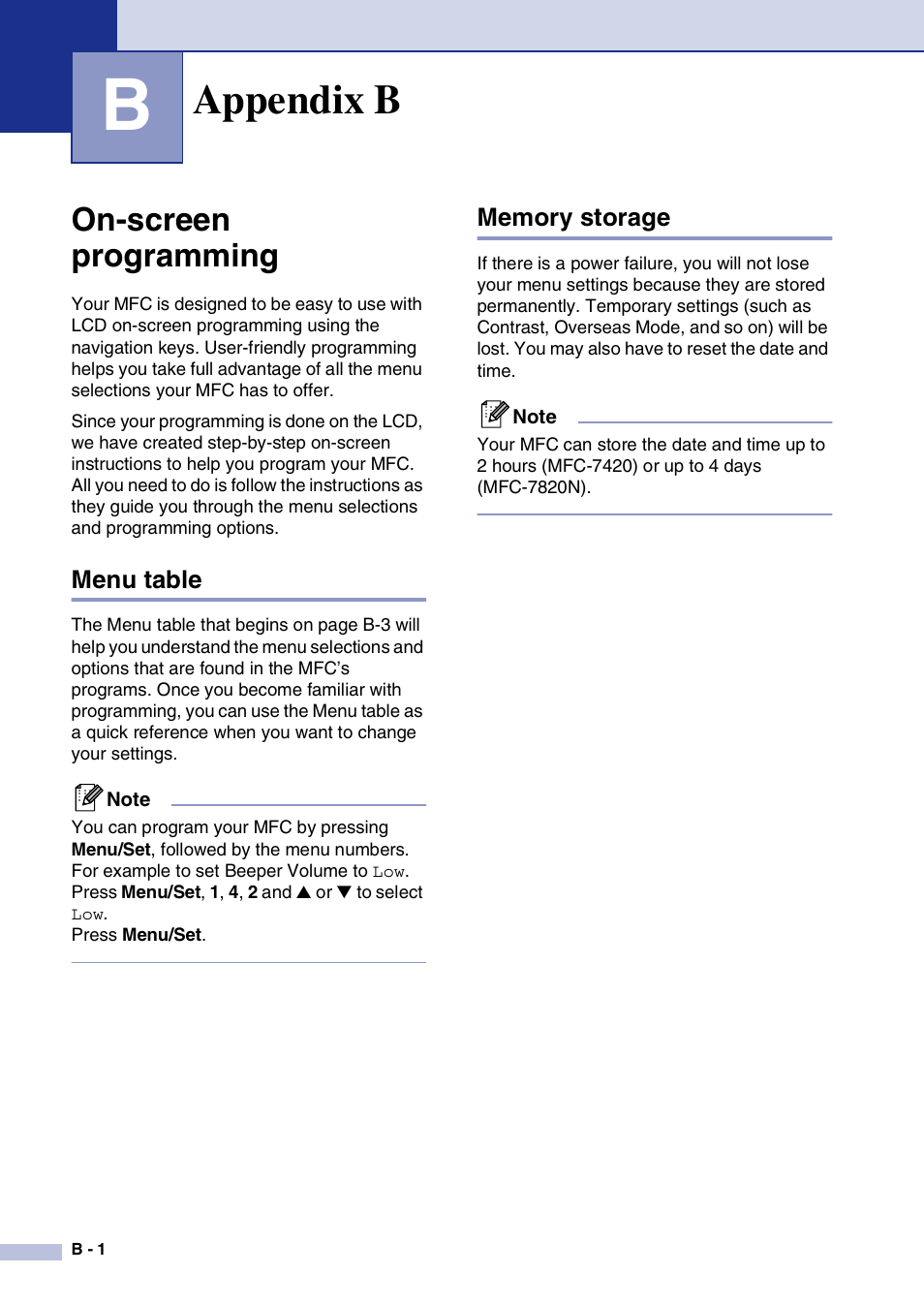 Appendix b, On-screen programming, Menu table | Memory storage | Brother MFC-7820N User Manual | Page 126 / 156