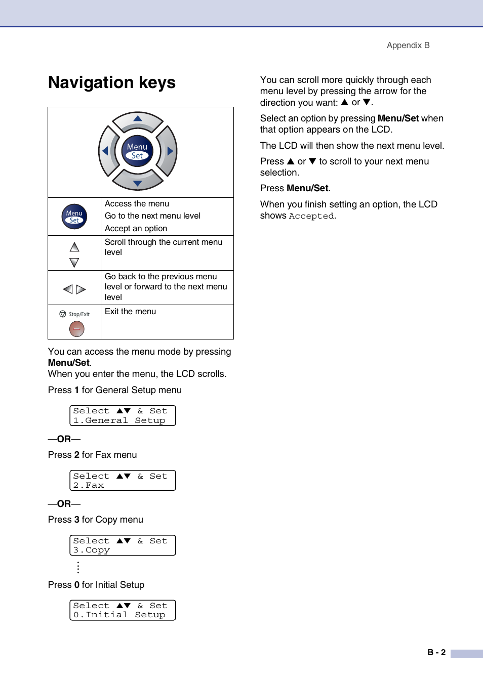 Navigation keys | Brother MFC-7820N User Manual | Page 127 / 156