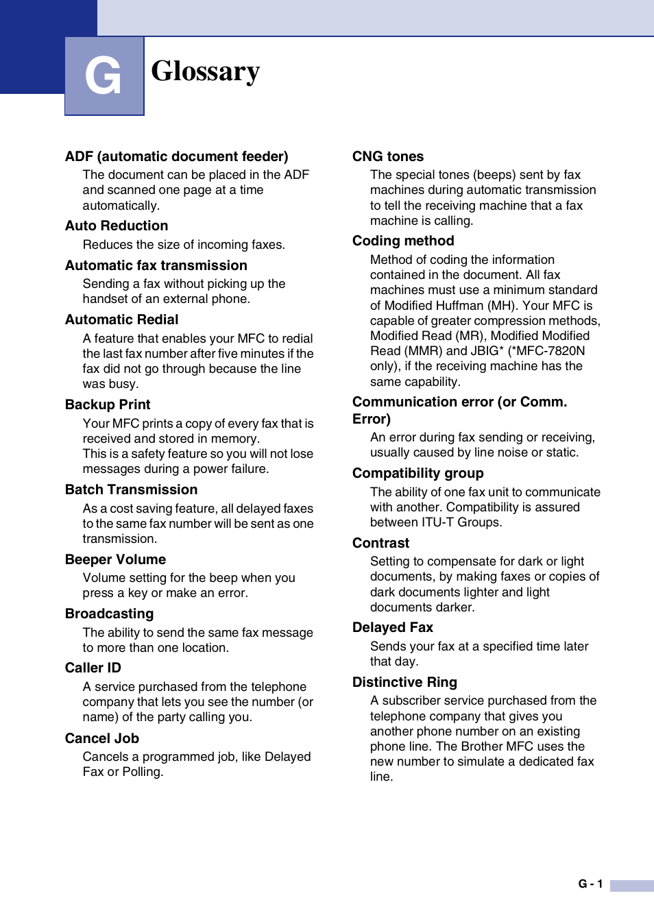 Glossary | Brother MFC-7820N User Manual | Page 135 / 156