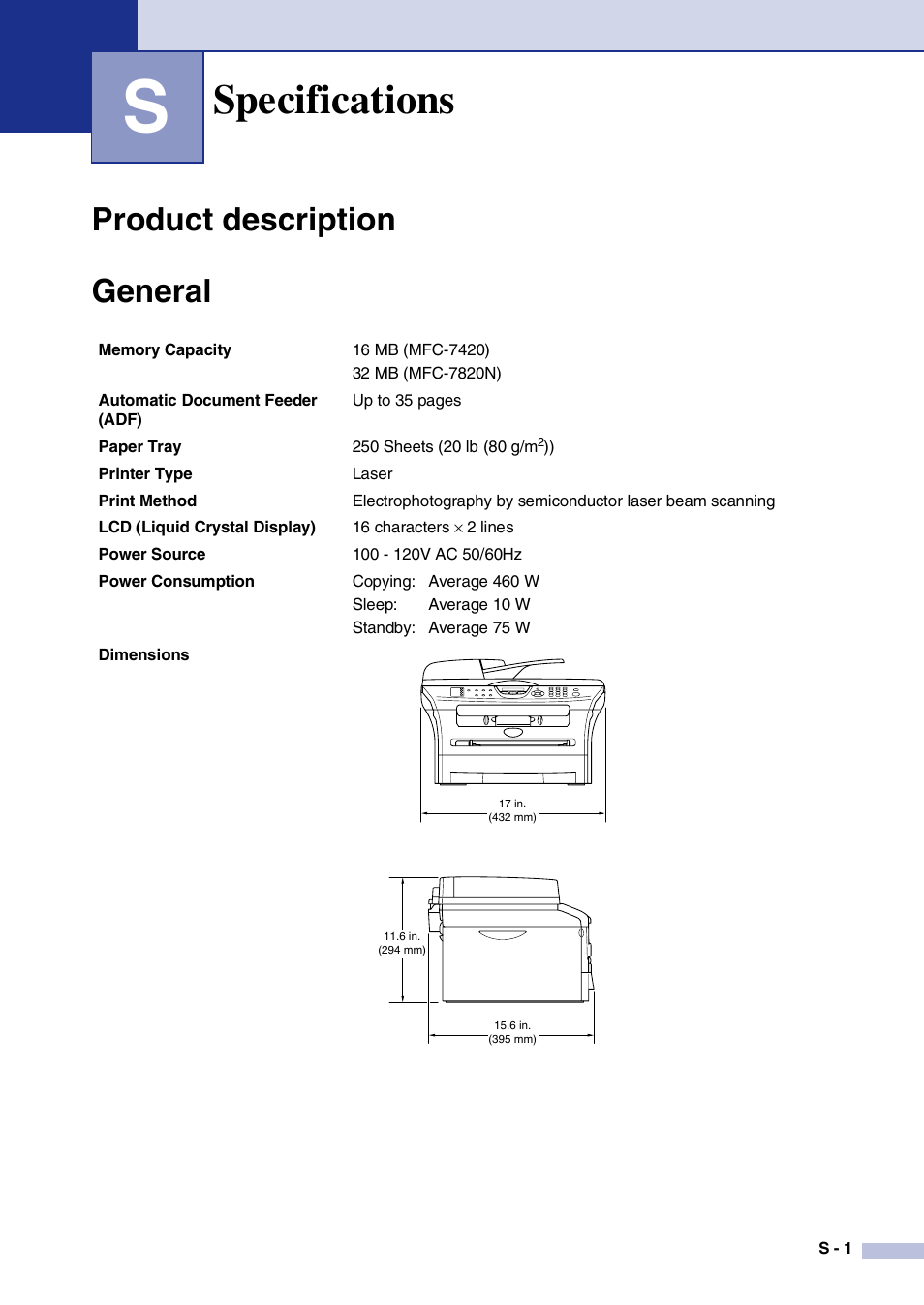 Specifications, Product description, General | Product description general | Brother MFC-7820N User Manual | Page 139 / 156