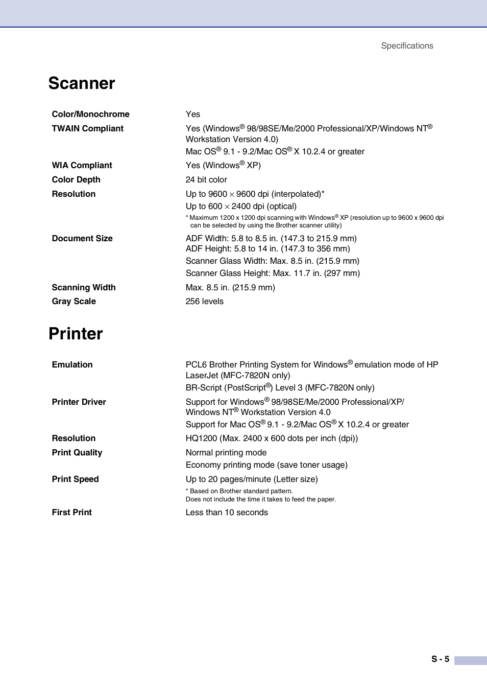 Scanner, Printer, Scanner printer | Brother MFC-7820N User Manual | Page 143 / 156