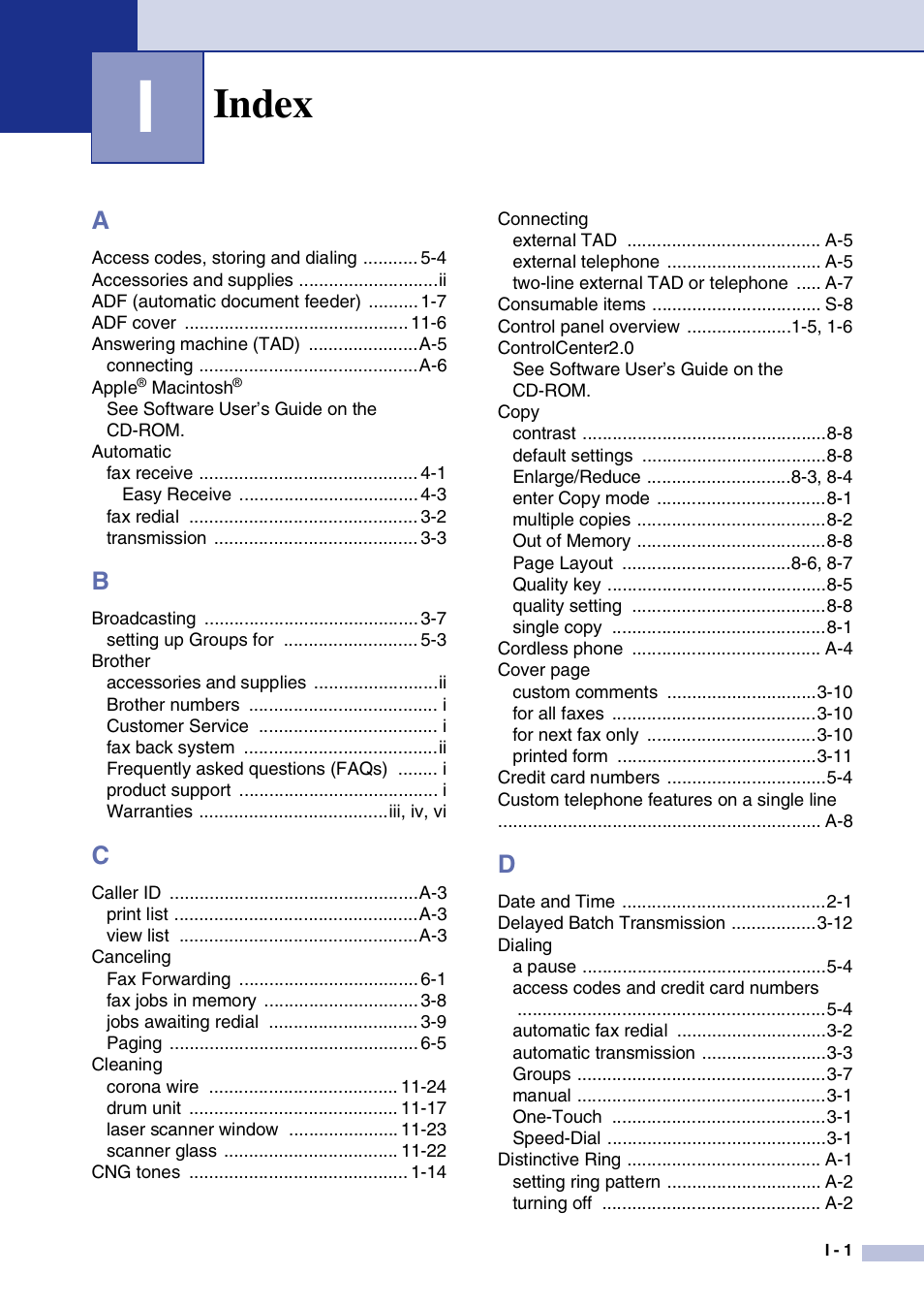 Index | Brother MFC-7820N User Manual | Page 149 / 156