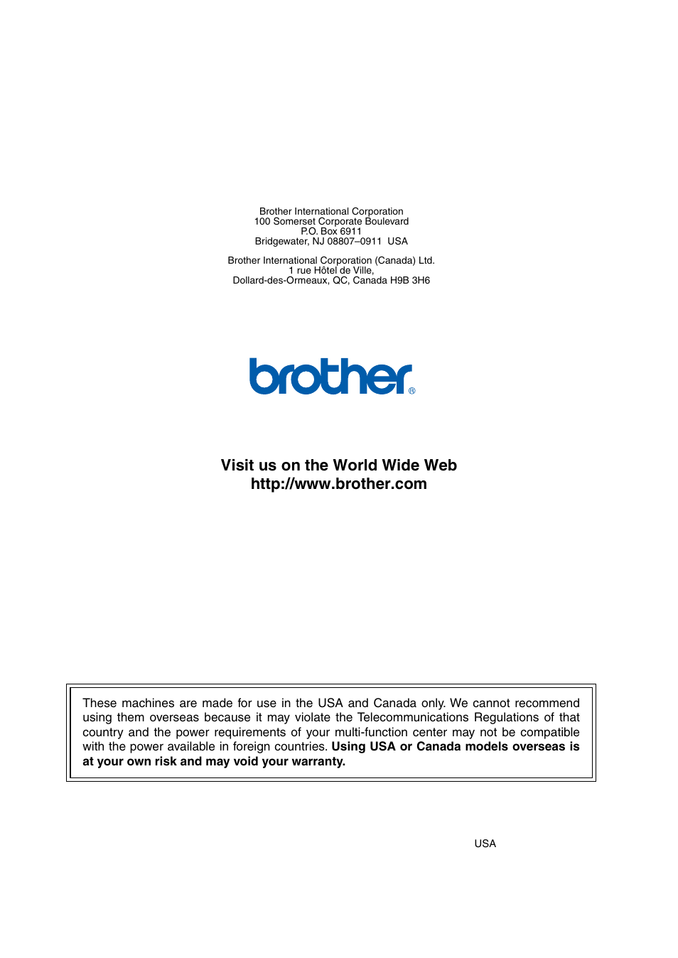 Brother usa/can | Brother MFC-7820N User Manual | Page 156 / 156