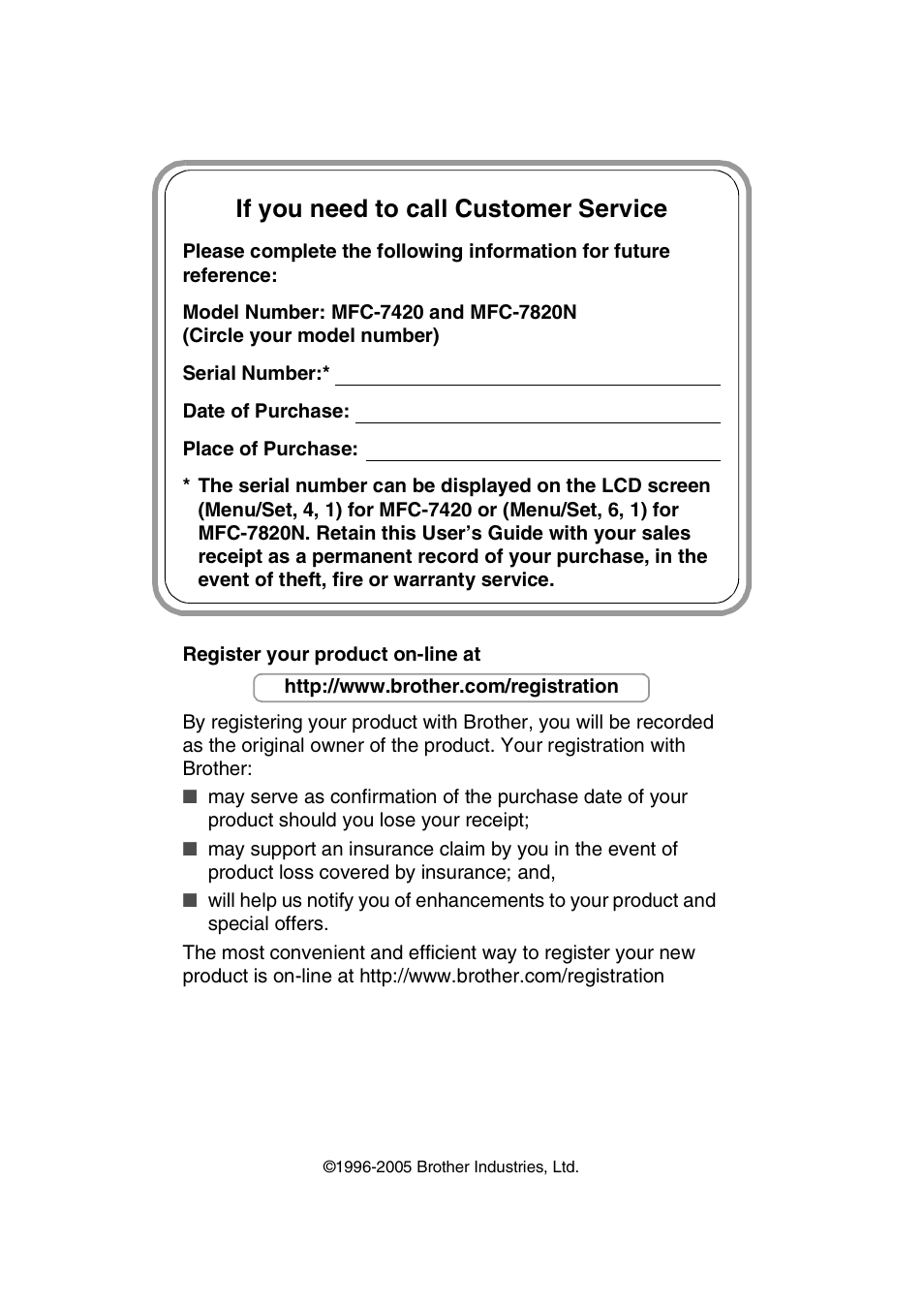 If you need to call customer service | Brother MFC-7820N User Manual | Page 2 / 156