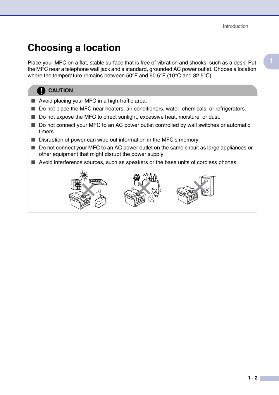 Choosing a location, Choosing a location -2 | Brother MFC-7820N User Manual | Page 21 / 156