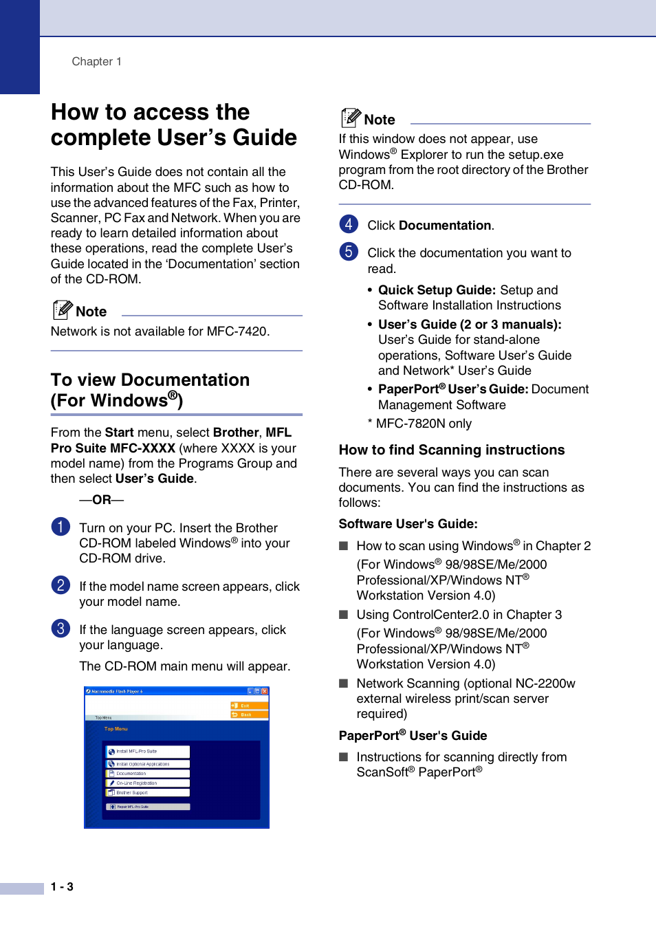 How to access the complete user’s guide, To view documentation (for windows®), How to find scanning instructions | How to access the complete user’s guide -3, To view documentation (for windows, How to find scanning instructions -3 | Brother MFC-7820N User Manual | Page 22 / 156