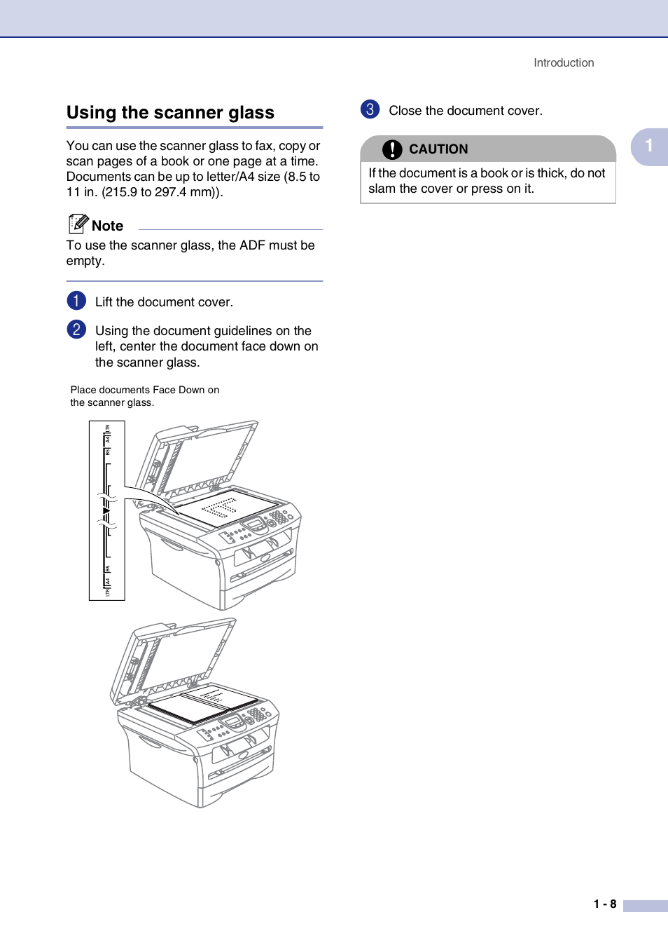 Using the scanner glass, Using the scanner glass -8, 1using the scanner glass | Brother MFC-7820N User Manual | Page 27 / 156