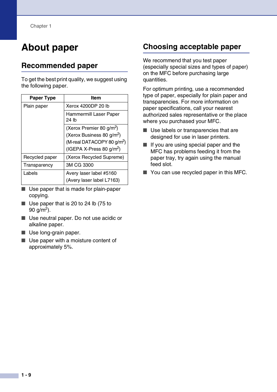 About paper, Recommended paper, Choosing acceptable paper | About paper -9, Recommended paper -9 choosing acceptable paper -9 | Brother MFC-7820N User Manual | Page 28 / 156