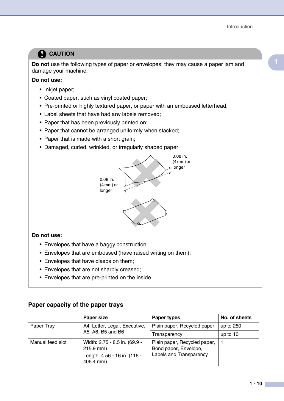 Paper capacity of the paper trays, Paper capacity of the paper trays -10 | Brother MFC-7820N User Manual | Page 29 / 156