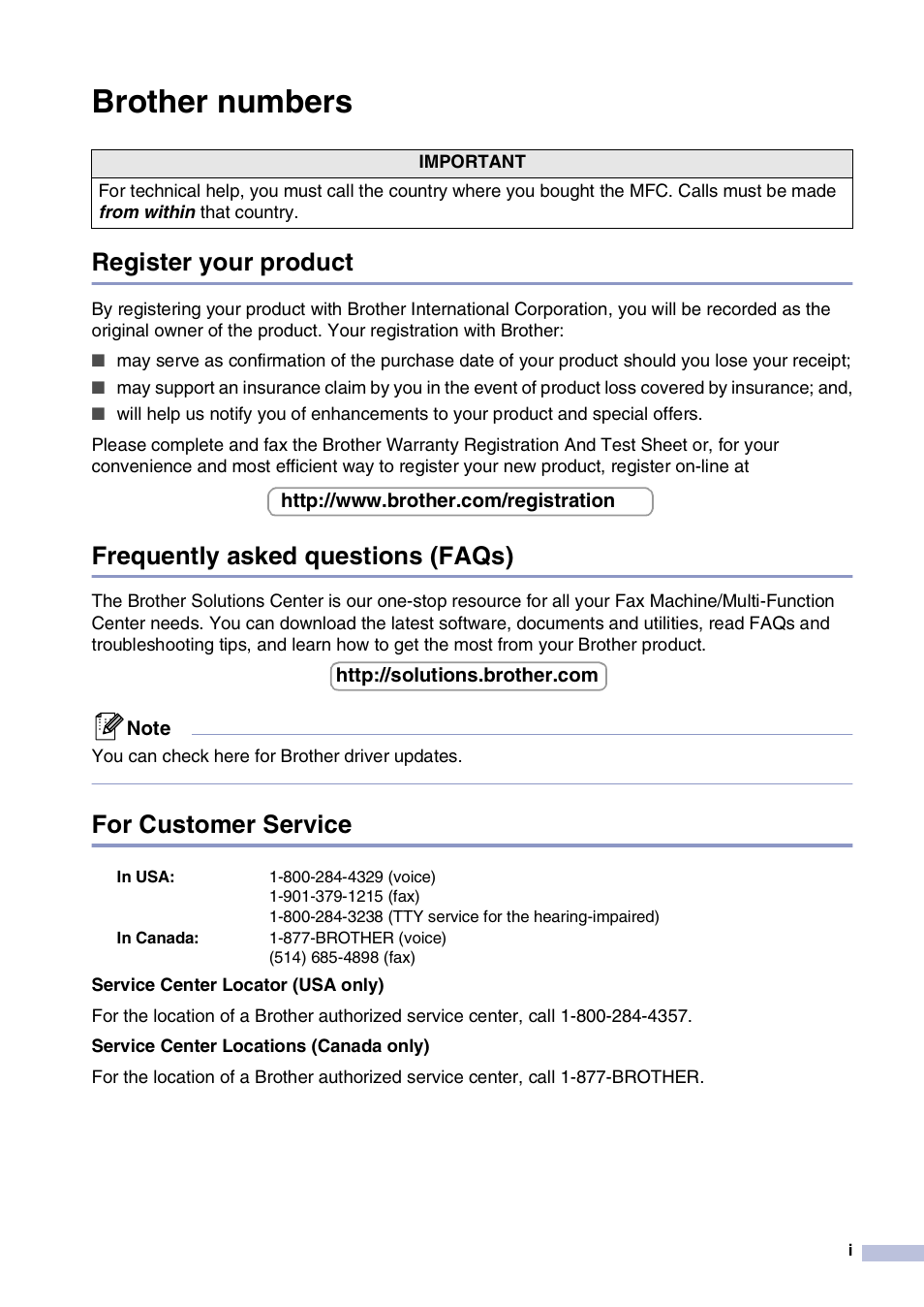 Brother numbers, Register your product, Frequently asked questions (faqs) | For customer service | Brother MFC-7820N User Manual | Page 3 / 156