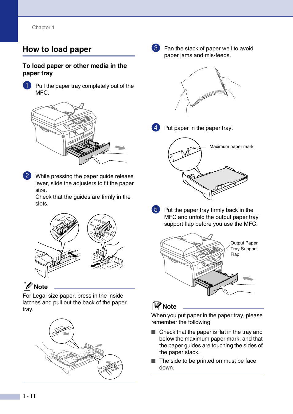 How to load paper, To load paper or other media in the paper tray, How to load paper -11 | To load paper or other media in the paper tray -11 | Brother MFC-7820N User Manual | Page 30 / 156