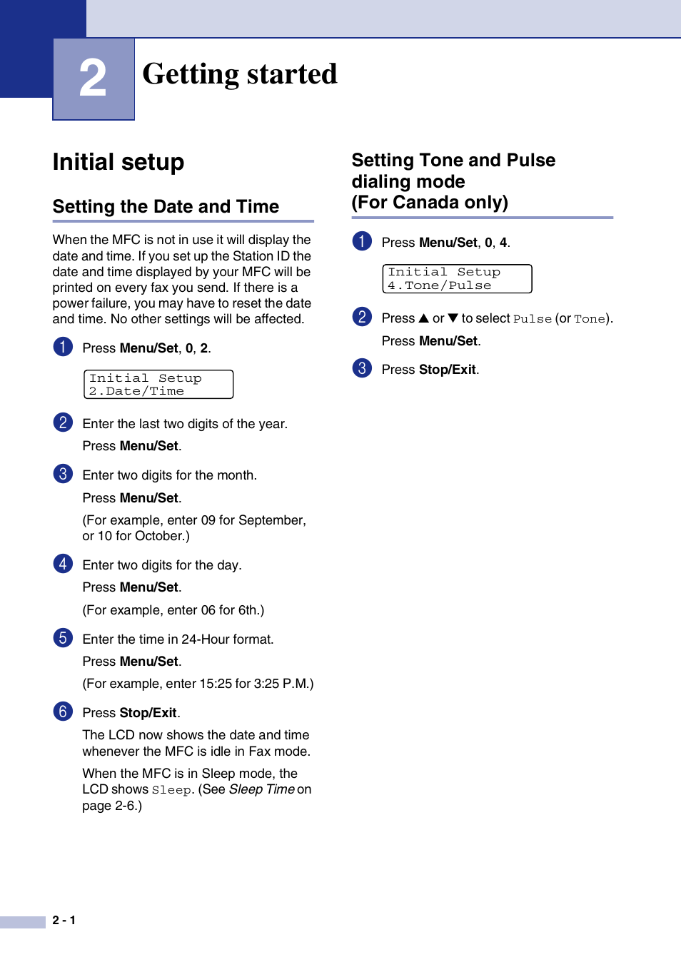 2 getting started, Initial setup, Setting the date and time | Getting started, Initial setup -1 | Brother MFC-7820N User Manual | Page 34 / 156