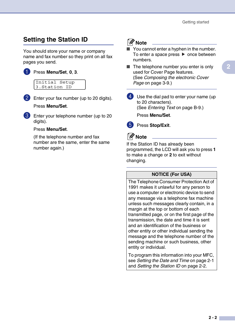 Setting the station id, Setting the station id -2, 2setting the station id | Brother MFC-7820N User Manual | Page 35 / 156