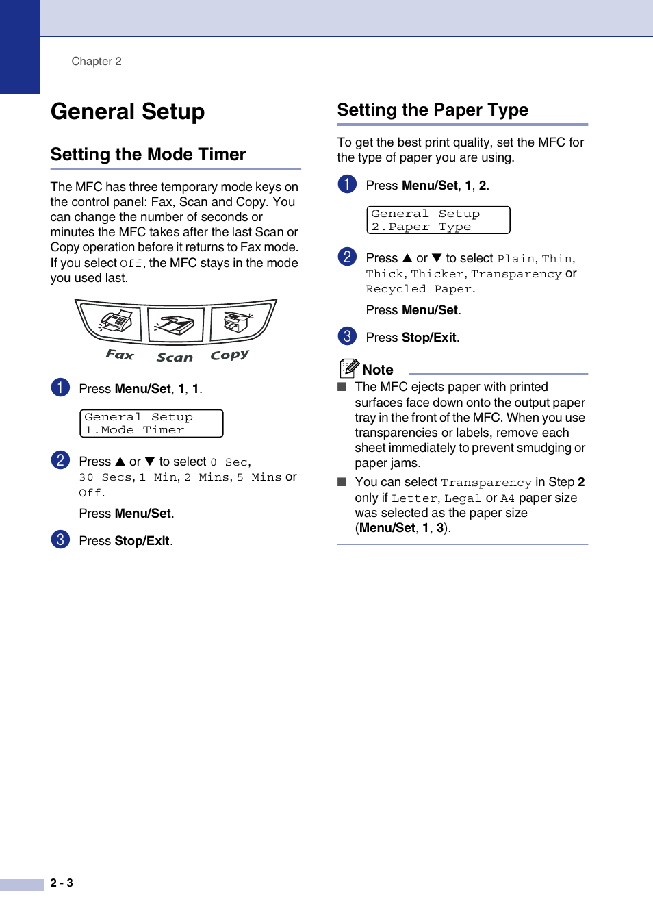 General setup, Setting the mode timer, Setting the paper type | General setup -3 | Brother MFC-7820N User Manual | Page 36 / 156