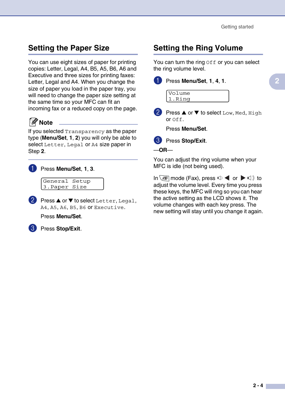 Setting the paper size, Setting the ring volume, 2setting the paper size | Brother MFC-7820N User Manual | Page 37 / 156