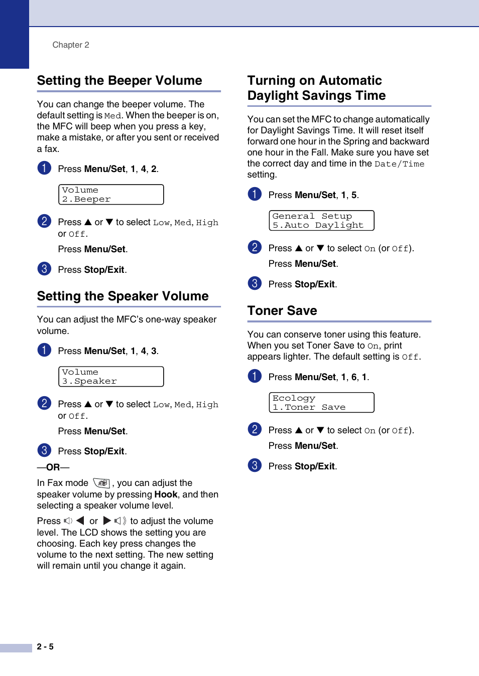 Setting the beeper volume, Setting the speaker volume, Turning on automatic daylight savings time | Toner save | Brother MFC-7820N User Manual | Page 38 / 156