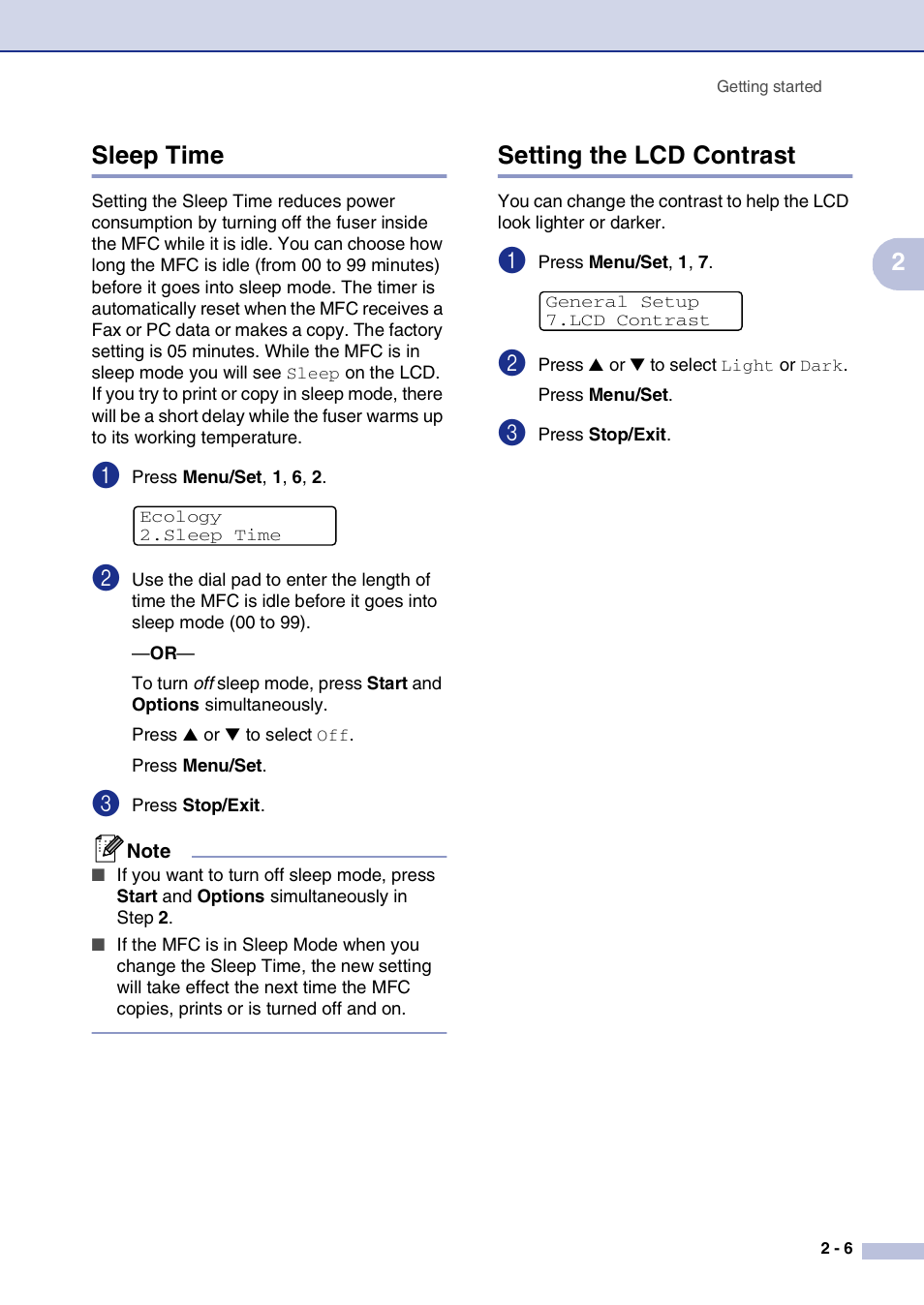 Sleep time, Setting the lcd contrast, Sleep time -6 setting the lcd contrast -6 | 2sleep time | Brother MFC-7820N User Manual | Page 39 / 156