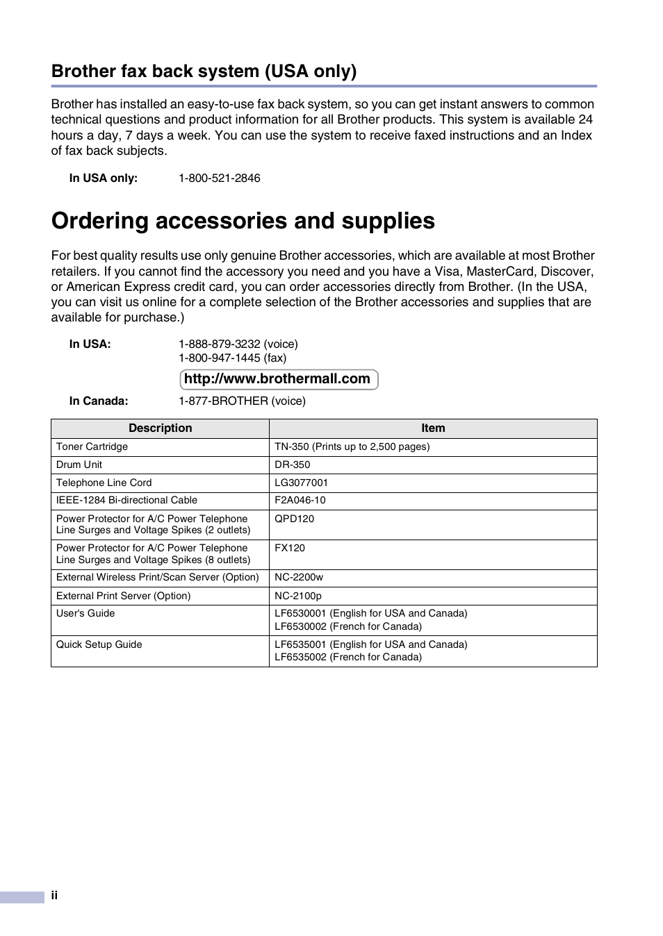 Brother fax back system (usa only), Ordering accessories and supplies | Brother MFC-7820N User Manual | Page 4 / 156