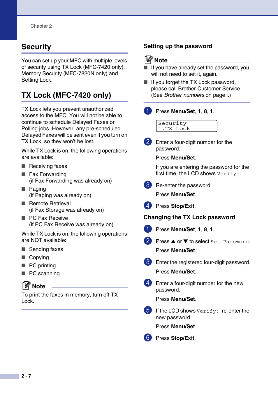 Security, Tx lock (mfc-7420 only), Setting up the password | Changing the tx lock password, Security -7 tx lock (mfc-7420 only) -7 | Brother MFC-7820N User Manual | Page 40 / 156