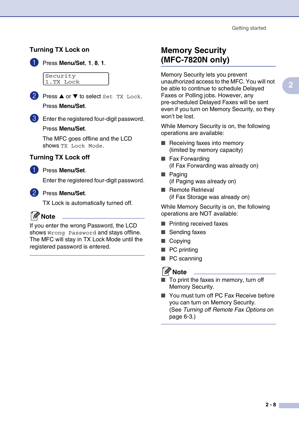 Turning tx lock on, Turning tx lock off, Memory security (mfc-7820n only) | Turning tx lock on -8 turning tx lock off -8, Memory security (mfc-7820n only) -8 | Brother MFC-7820N User Manual | Page 41 / 156