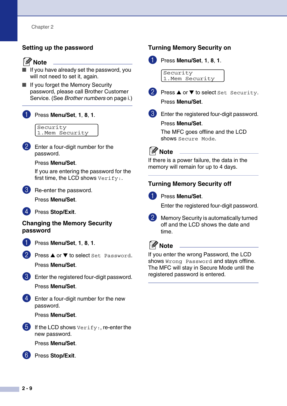 Setting up the password, Changing the memory security password, Turning memory security on | Turning memory security off | Brother MFC-7820N User Manual | Page 42 / 156
