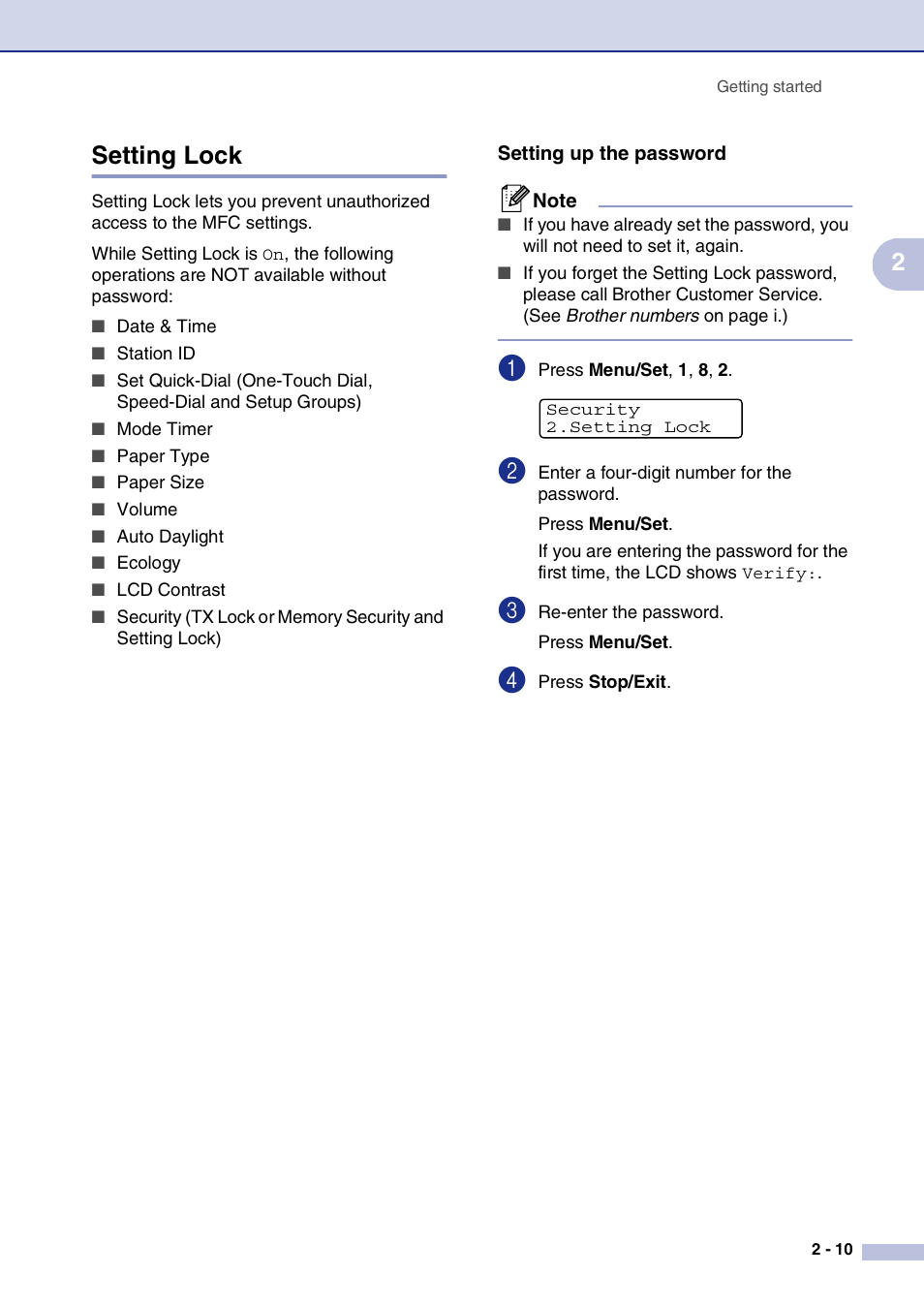 Setting lock, Setting up the password, Setting lock -10 | Setting up the password -10, 2setting lock | Brother MFC-7820N User Manual | Page 43 / 156