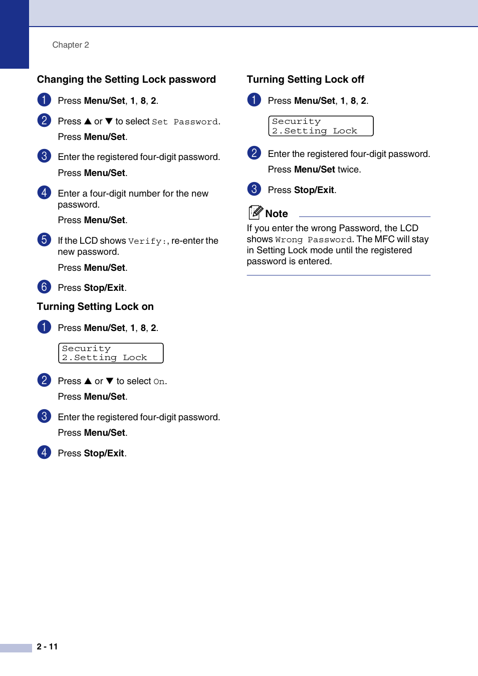 Changing the setting lock password, Turning setting lock on, Turning setting lock off | Brother MFC-7820N User Manual | Page 44 / 156