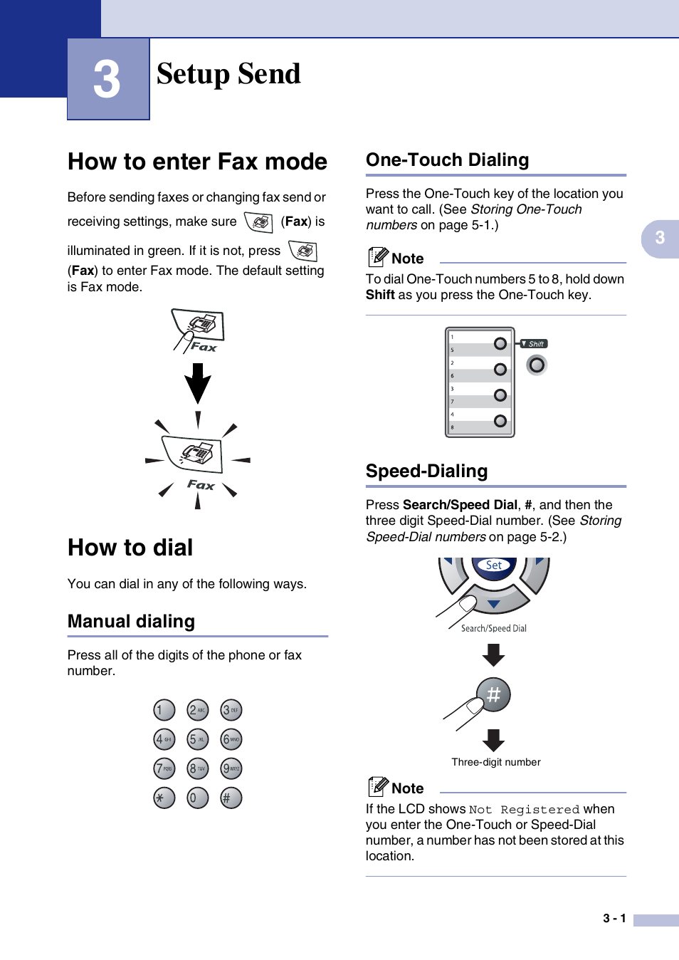 3 setup send, How to enter fax mode, How to dial | Manual dialing, One-touch dialing, Speed-dialing, Setup send, How to enter fax mode -1 how to dial -1 | Brother MFC-7820N User Manual | Page 45 / 156