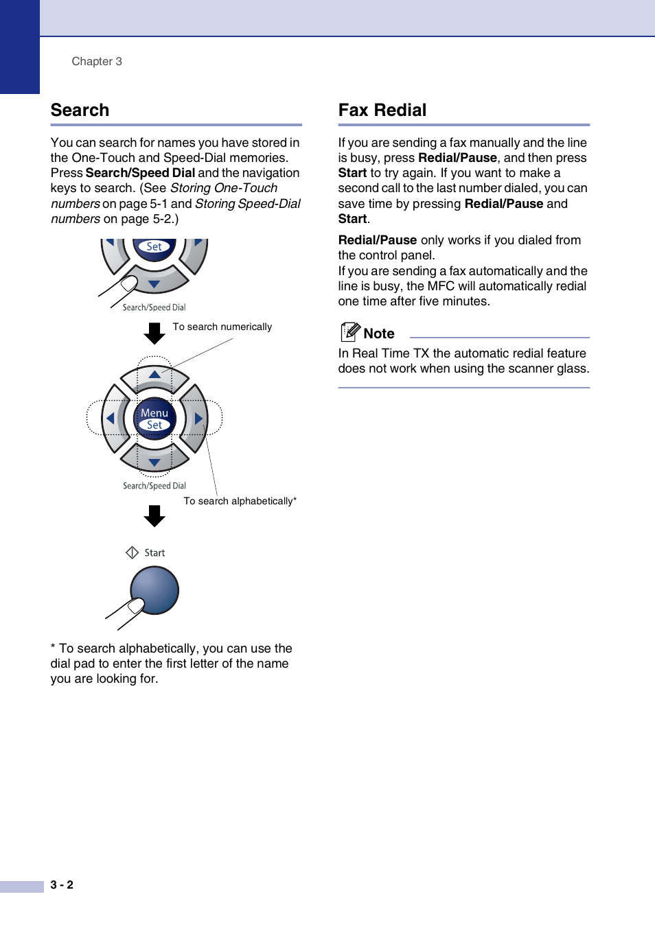 Search, Fax redial, Search -2 fax redial -2 | Brother MFC-7820N User Manual | Page 46 / 156
