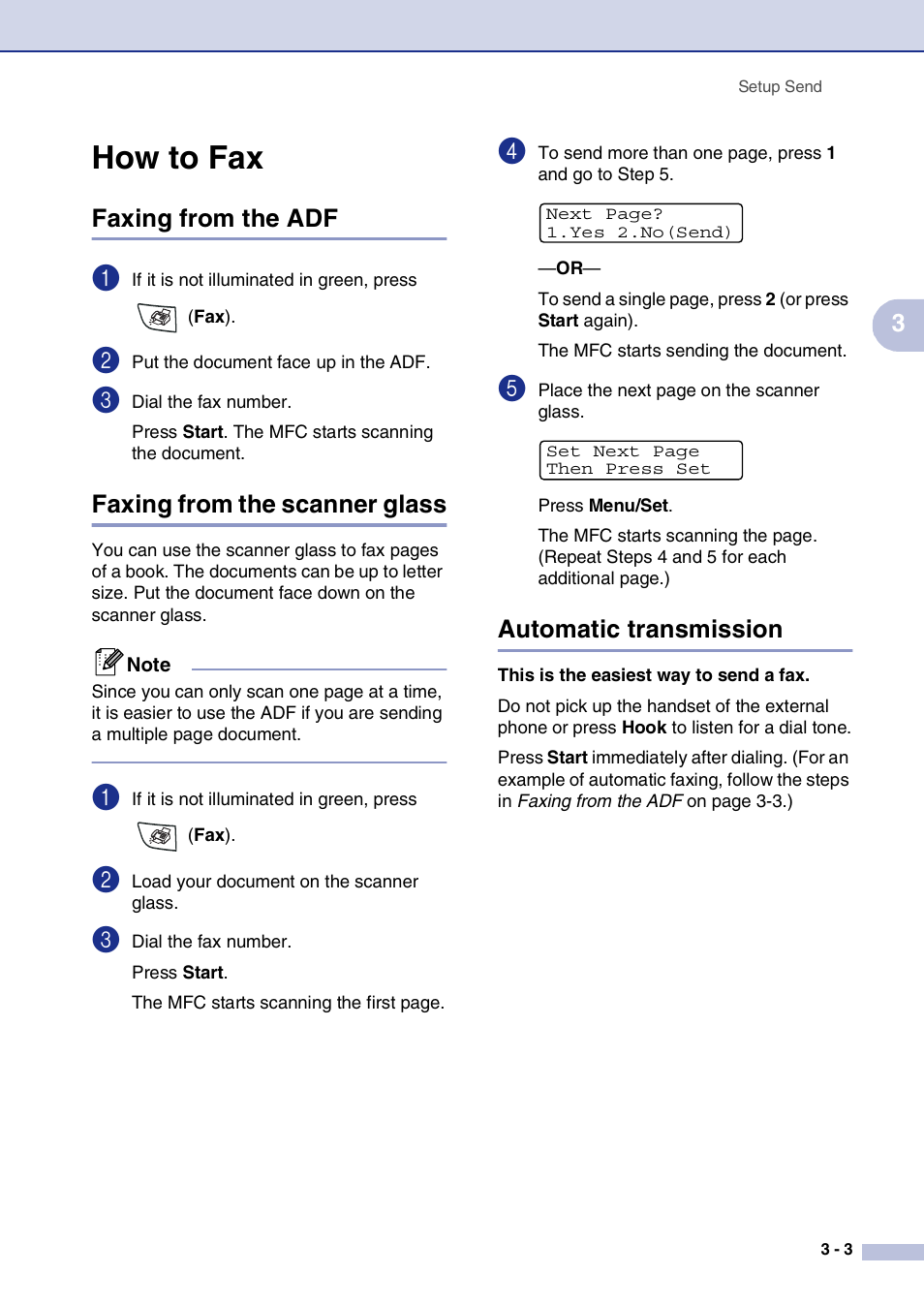 How to fax, Faxing from the adf, Faxing from the scanner glass | Automatic transmission, How to fax -3 | Brother MFC-7820N User Manual | Page 47 / 156