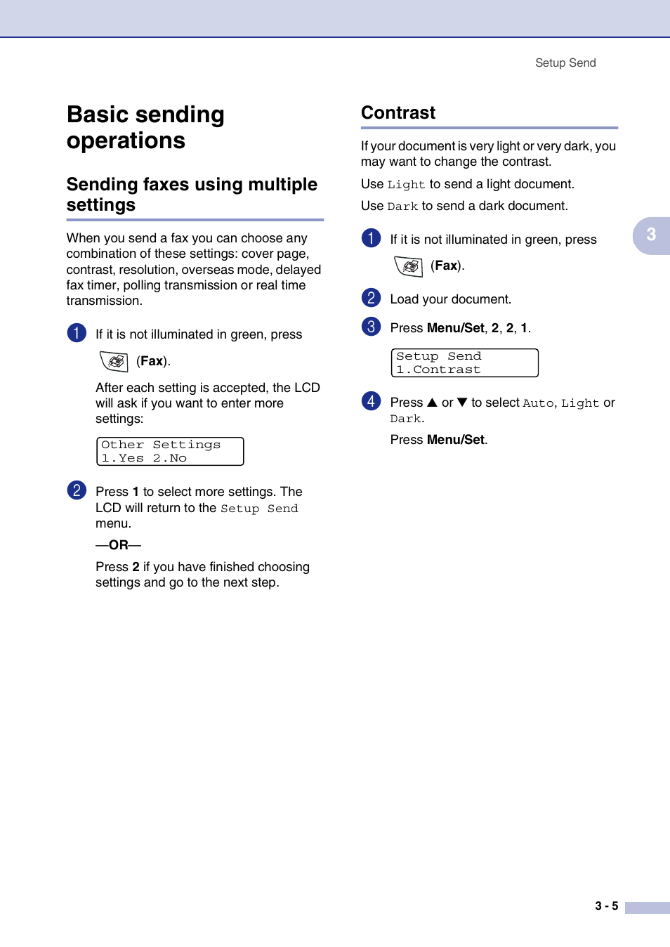 Basic sending operations, Sending faxes using multiple settings, Contrast | Basic sending operations -5 | Brother MFC-7820N User Manual | Page 49 / 156