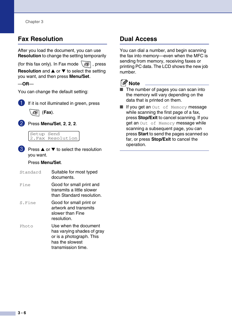 Fax resolution, Dual access, Fax resolution -6 dual access -6 | Brother MFC-7820N User Manual | Page 50 / 156